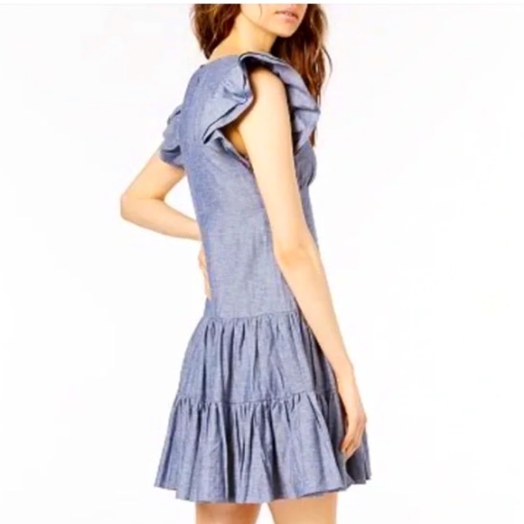 JILL Jill Stuart Dress Blue Chambray Tiered Ruffle Flutter Sleeve Mini. Size S - Picture 2 of 7